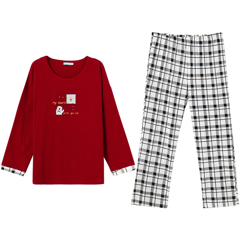 爱帝春夏新品女式格纹长袖长裤家居服套装