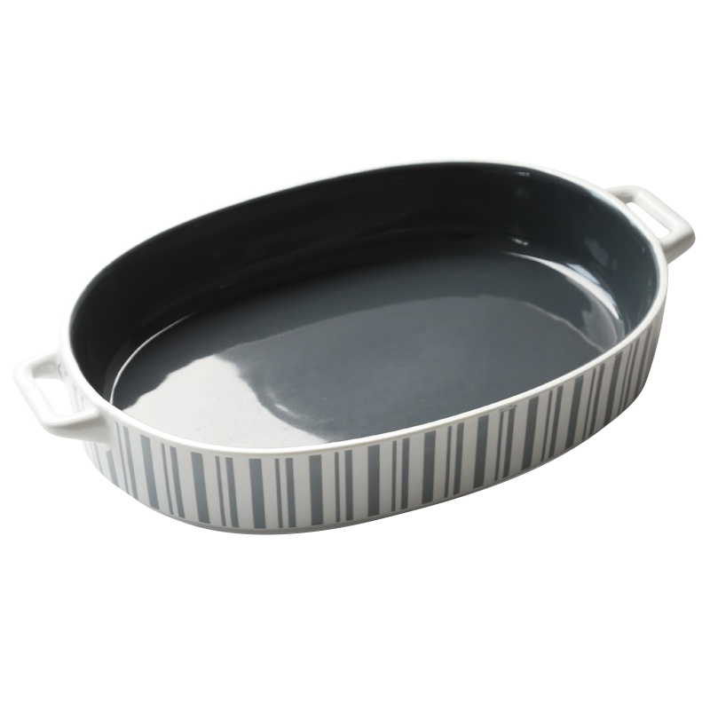 苏氏陶瓷(SUSHI CERAMICS)烤盘家用芝士焗饭盘烤箱专用烘焙用具条纹椭圆小号双柄陶瓷烤盘9英寸