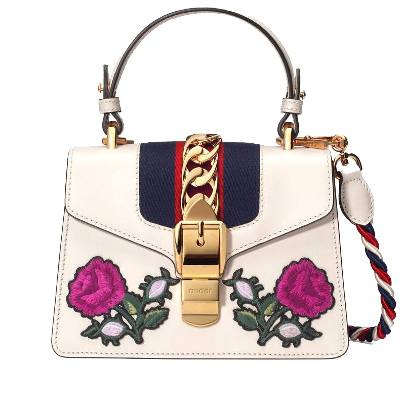 【海外直邮】GUCCI古驰女包Sylvie系列牛皮白色贴花刺绣迷你单肩斜跨包手提包470270 D4ZSG 8614