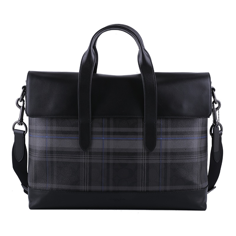 蔻驰(COACH) 男士HAMILTON系列手拎公文电脑包斜挎包翻盖款 蓝灰格纹印花拼黑色