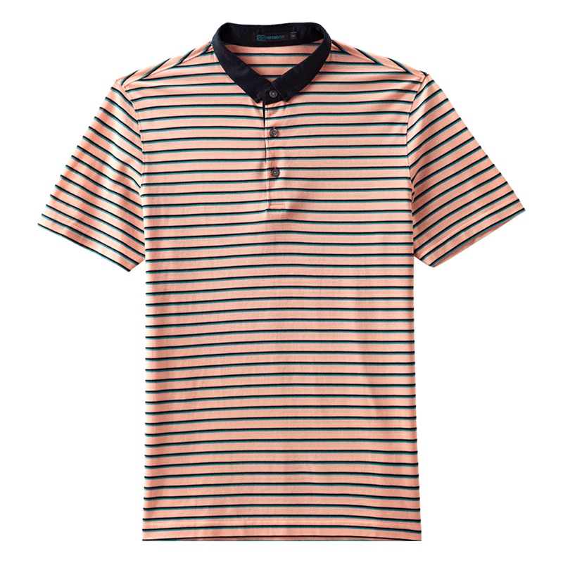 蒙蒂埃莫都市品味商务条纹撞色扁机翻领短袖棉T恤