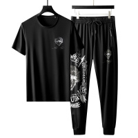 男士休闲套装短袖运动跑步两件套夏季冰丝韩版潮流老虎烫钻中国风