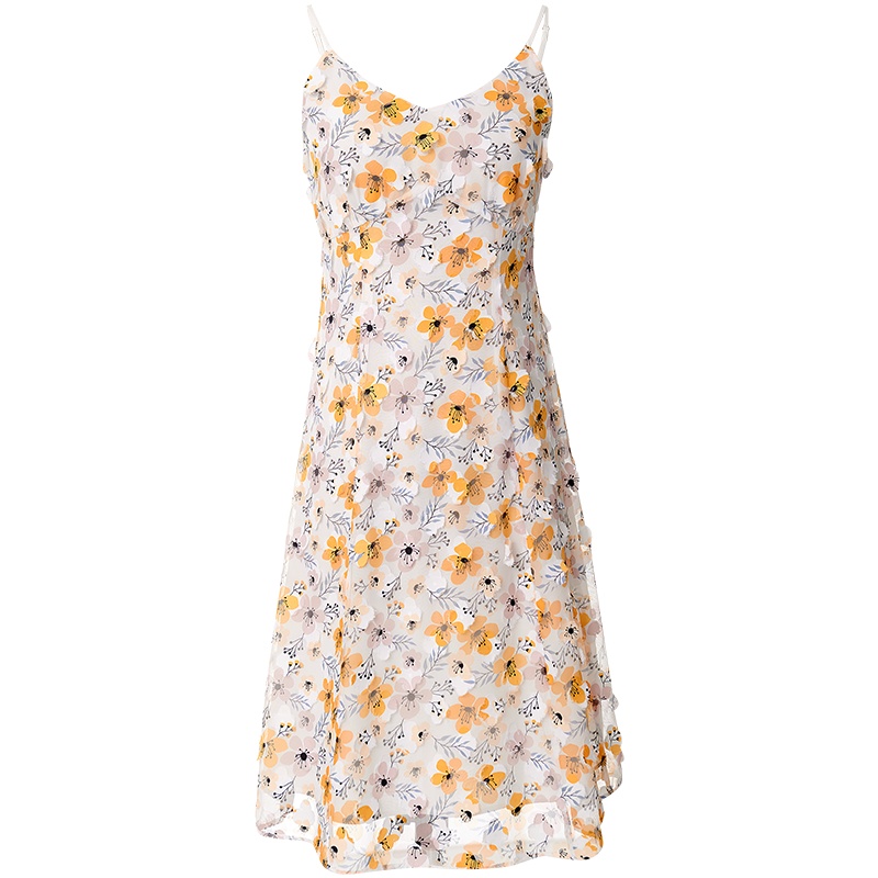 欧昵雪夏季ins茶歇碎花吊带连衣裙女V领温柔风雪纺a字裙