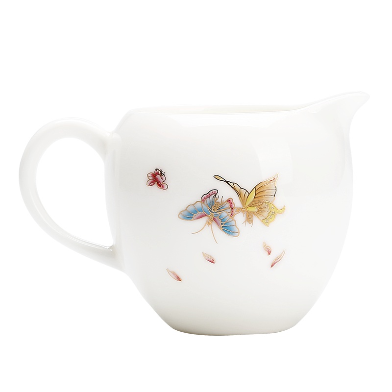 常生源 公道杯 陶瓷功夫茶具 凝脂白公杯 羊脂白玉瓷器 浮雕对花 蝶韵公道杯