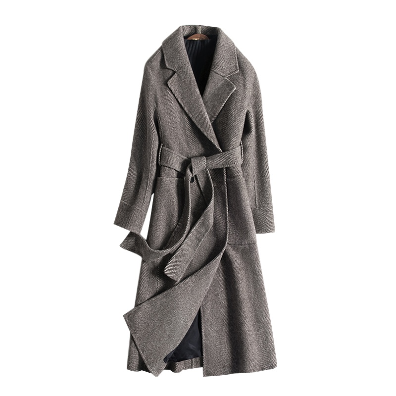 丝柏舍2019冬装女简约人字纹长袖修身翻领中长款毛呢大衣S94B6108D