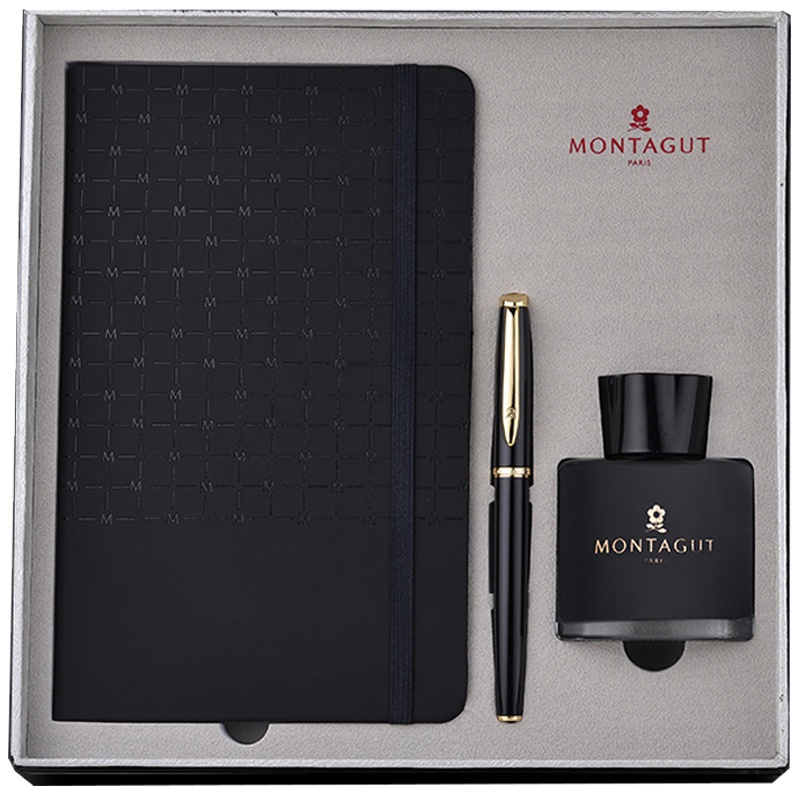 梦特娇(Montagut)黑磨砂金夹钢笔+墨水+1001M黑色商务记事本套装 签字笔 公司会议礼品记事本企业单位办公商务