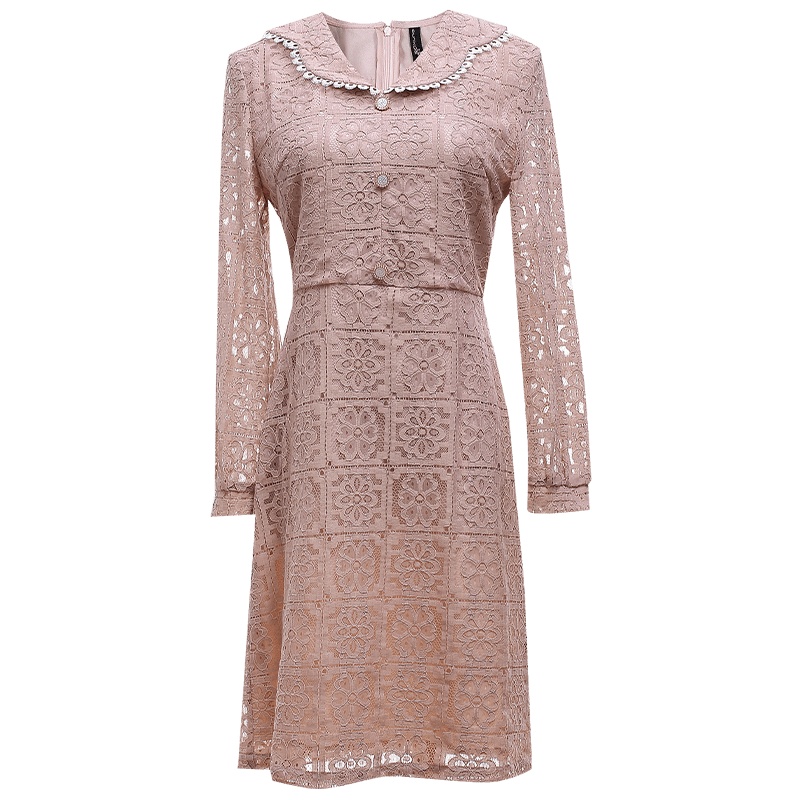 欧昵雪花边翻领收腰镂空蕾丝连衣裙女显瘦长袖中裙
