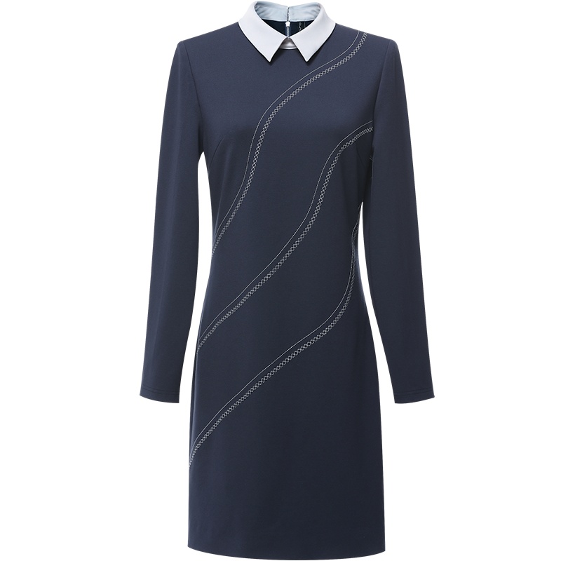 欧昵雪撞色polo领绣花套头直筒罗马布连衣裙女长袖