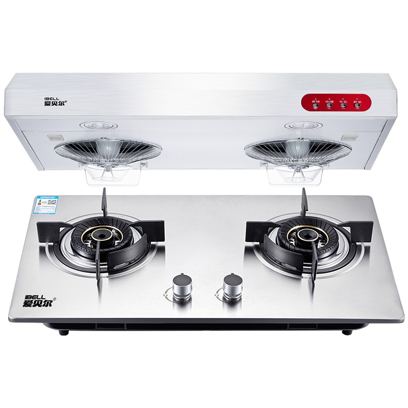爱贝尔(IBELL)HY-DZS08按键+HY-DD801烟灶套装 顶吸式家用油烟机 纯铜火盖不锈钢面板双灶液化气带熄保