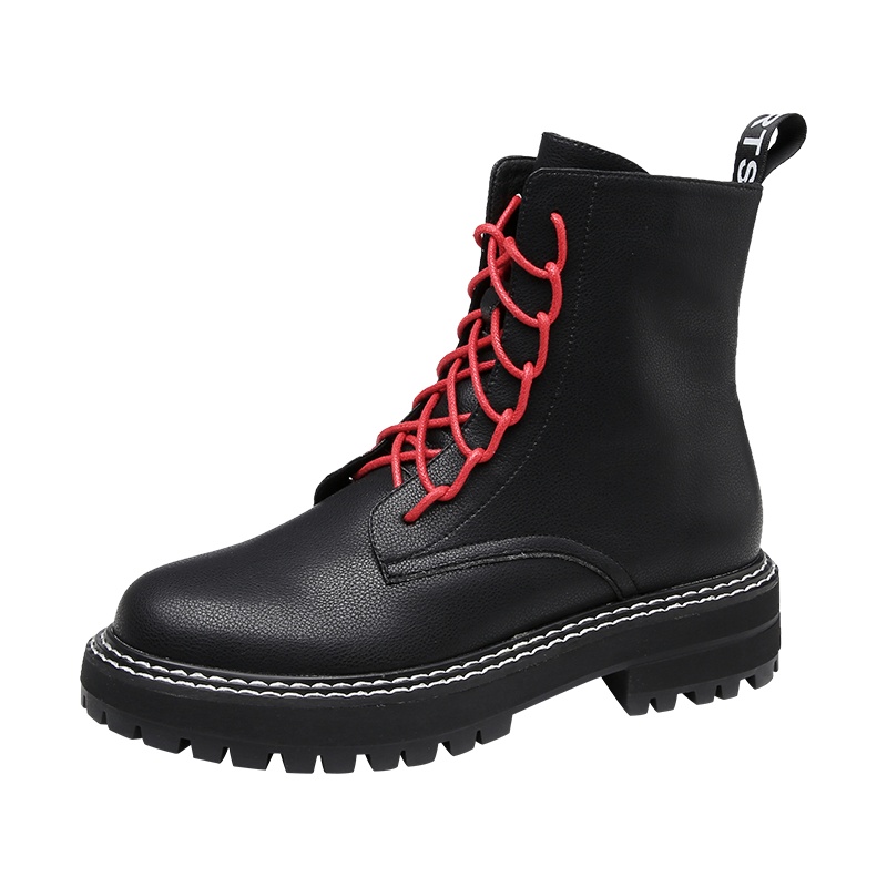 PLAYBOY/花花公子冬季加绒休闲红色系带圆头粗跟时尚网红马丁机车靴女K10899226