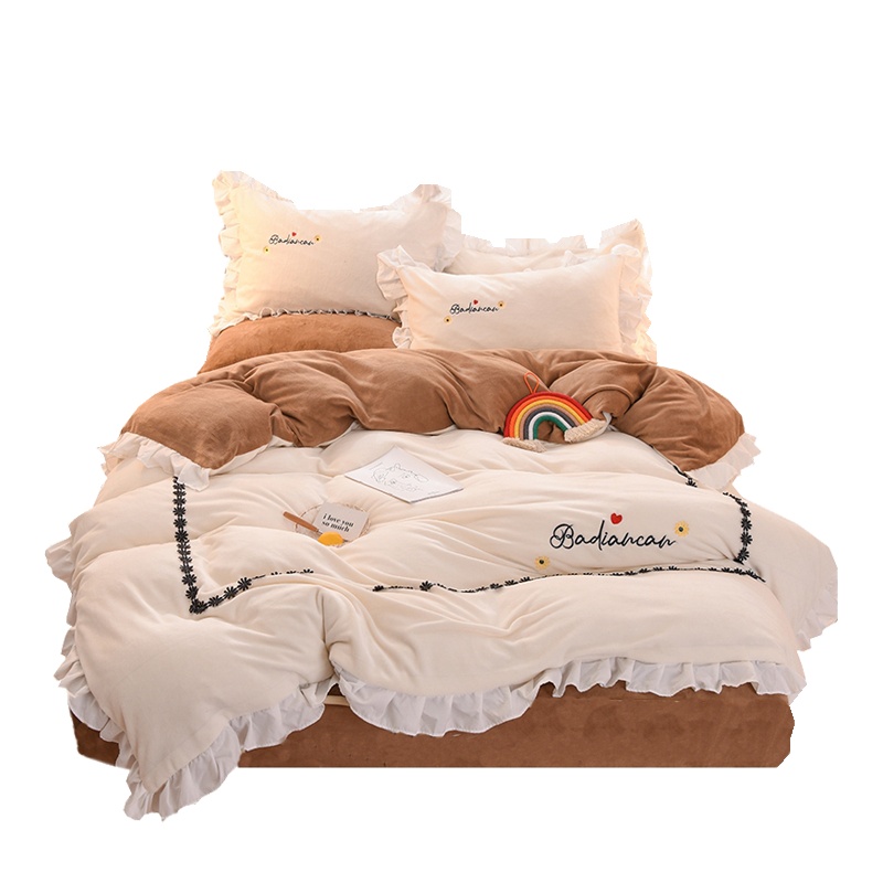 南极人(NanJiren)韩系花边可爱冬季双面加厚牛奶绒床上四件套单人双人宿舍珊瑚绒法兰绒被套床单宝宝绒床上用品