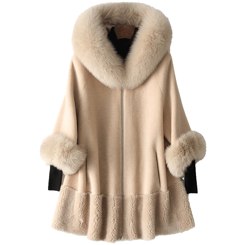 憨厚皇后 2019海宁新款反季羊剪毛皮大衣女士狐狸毛领羊毛外套W