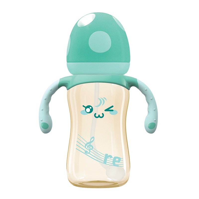 bobo乐儿宝蘑菇奶瓶 宽口径ppsu耐摔带手柄吸管 防胀气小金瓶 适合9个月以上 330ML 蓝色BP1706YB