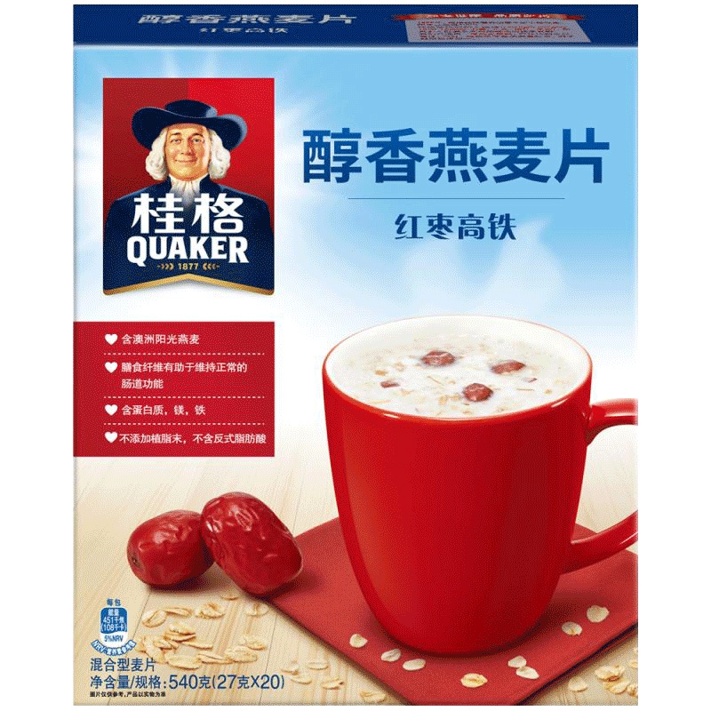 桂格(QUAKER)早餐谷物 醇香燕麦片红枣高铁540g盒装 (27g*20袋) 即食 含糖