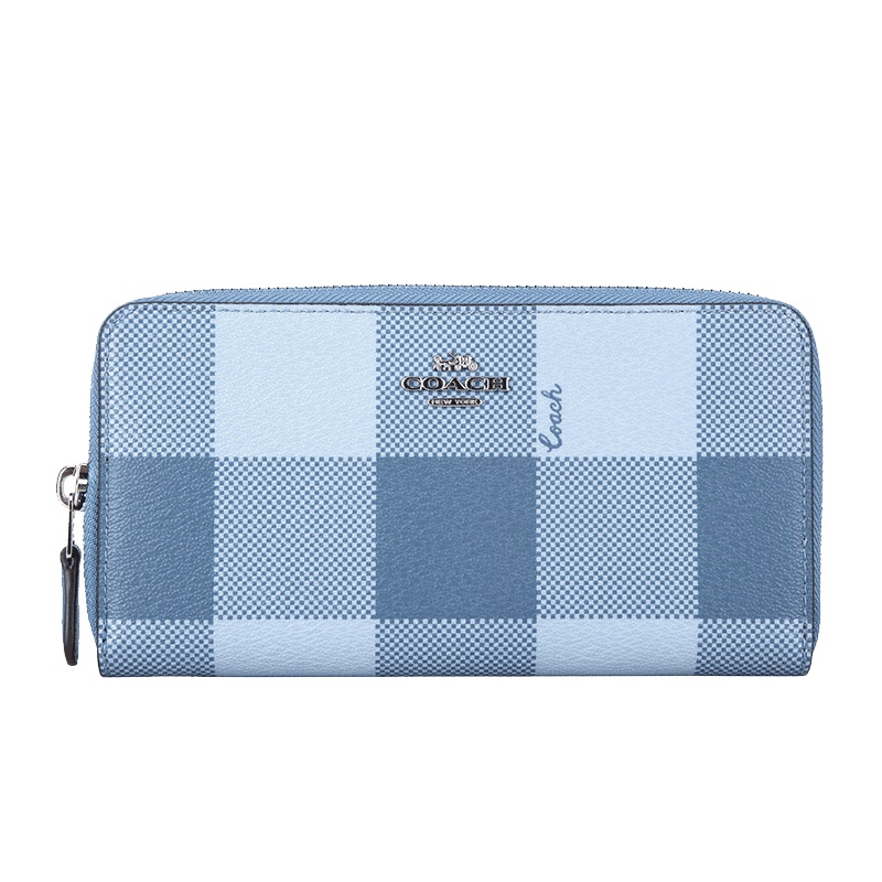 COACH 蔻驰 奢侈品 女士藏青格子皮质长款钱包钱夹