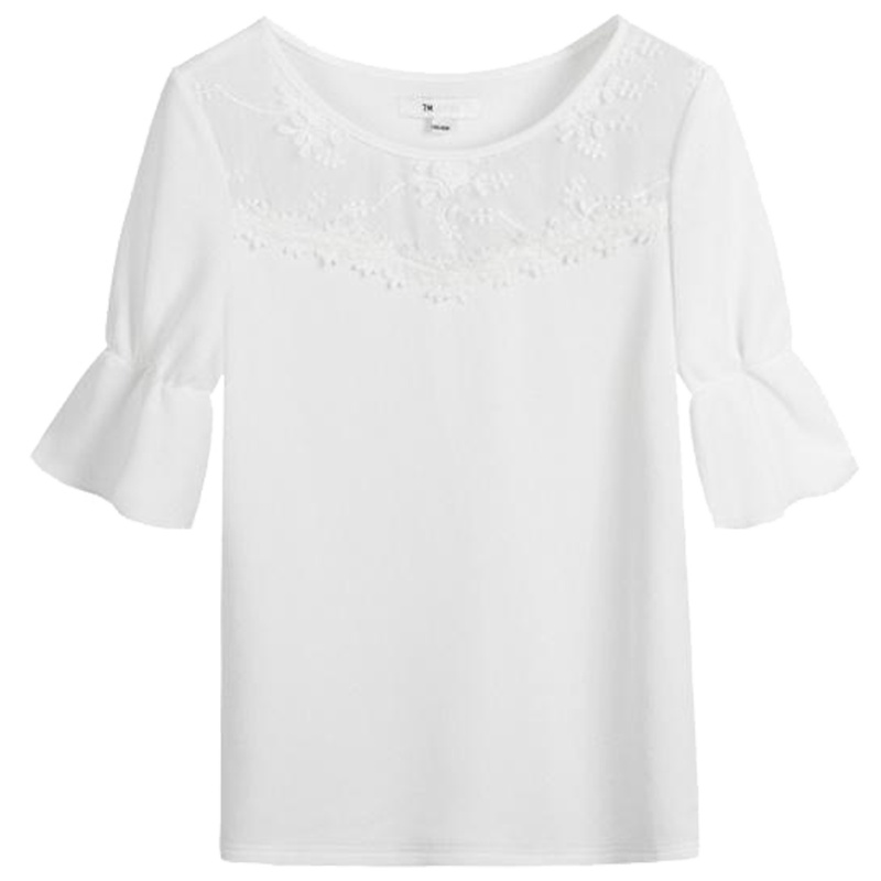 【专柜同款】拉夏贝尔7M夏新款圆领宽松小衫蕾丝五分袖喇叭袖娃娃衬衫70010323_360 本白 S
