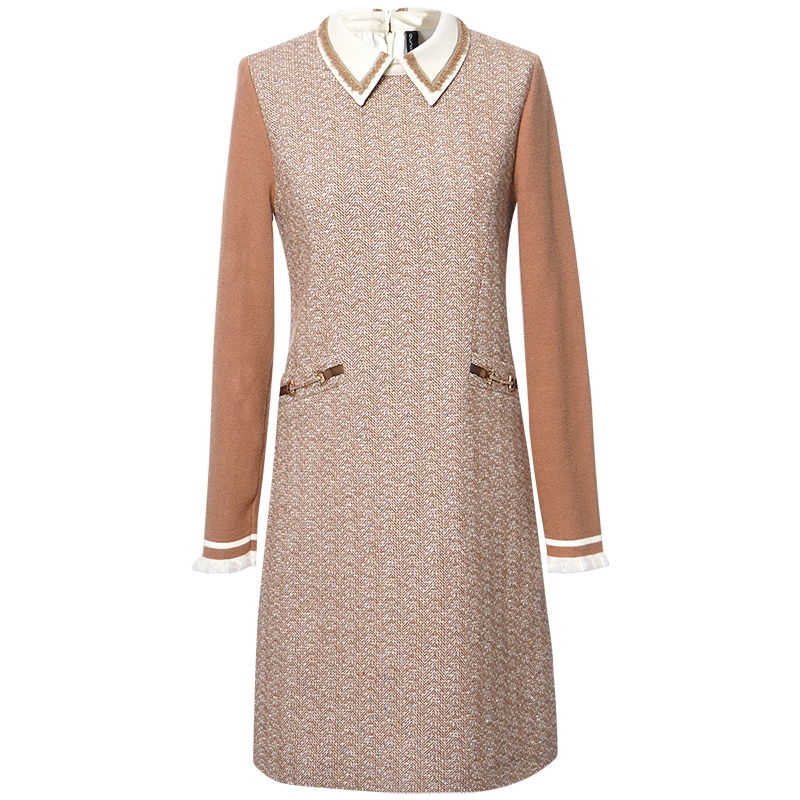 OUNIXUE欧昵雪 | [假两件拼接连衣裙]秋冬季温柔风翻领长袖绵羊毛混纺裙子女