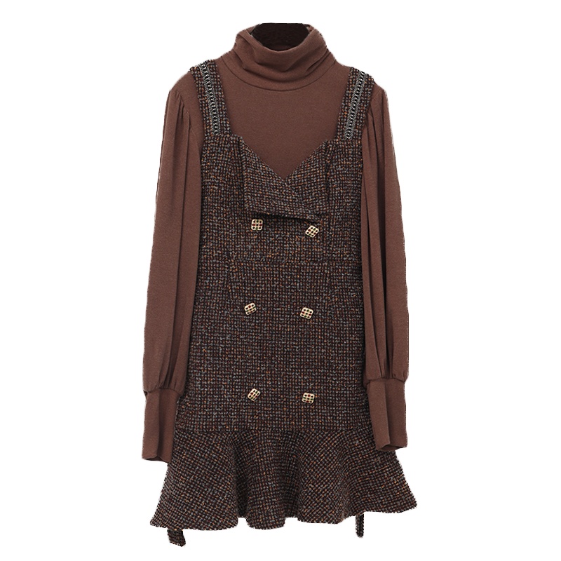 ENJOY'ME女装2019冬季新品宽松半高领打底呢子荷叶边系腰带套装连衣裙