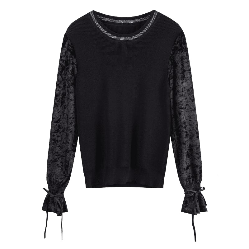 新款拉夏贝尔丝绒拼接针织衫女秋冬新款韩版黑色短款时尚长袖套头上衣20011592