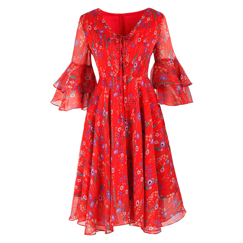 晚白2019夏季新品时尚通勤印花V领修身显瘦淑女A字雪纺连衣裙女