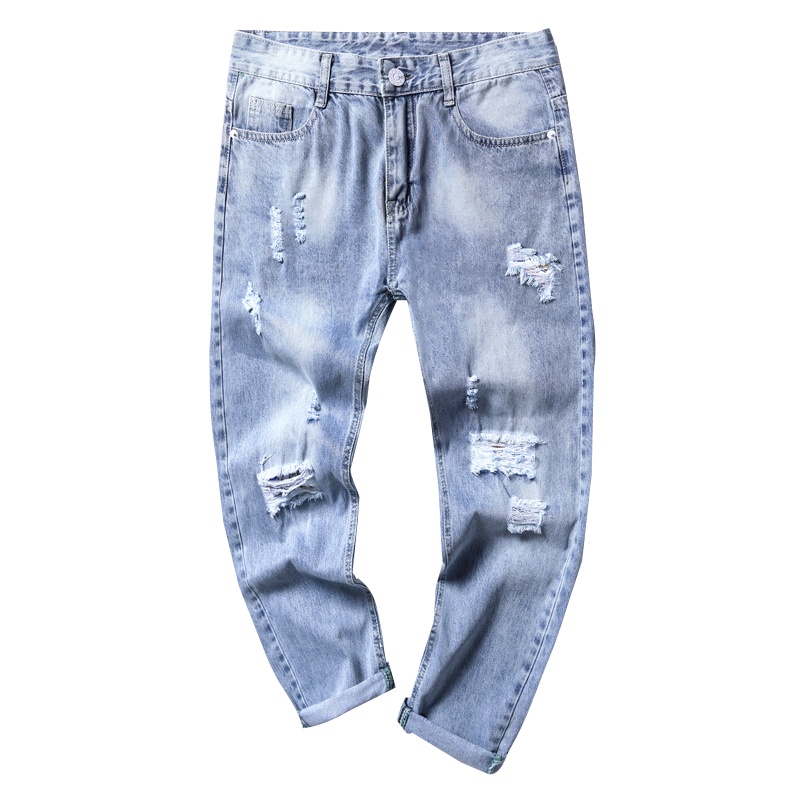 蓝缕金(LANLVJIN)男士牛仔裤春季2021新款破洞水洗裤青年棉混纺宽松中哈伦裤九分裤韩版休闲乞丐男裤子