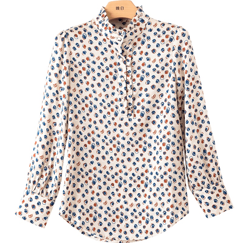 晚白2021春季新品时尚减龄波点印花立领长袖百搭通勤衬衫衬衣女