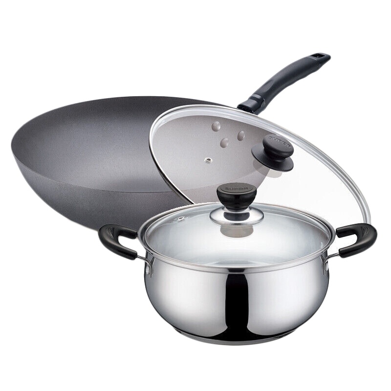 苏泊尔（SUPOR）锅具套装爱家必备二件套无涂层铸铁炒锅汤锅电磁炉燃气通用 T0929K