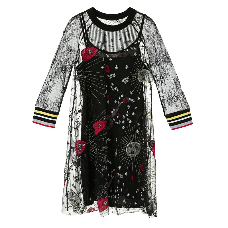 裂帛新款复古刺绣圆领蕾丝两件套修身显瘦装士连衣裙