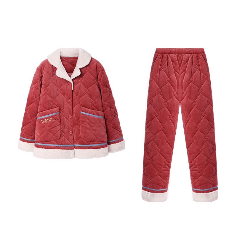 安之伴单面水晶超柔烂花夹棉长袖女套装