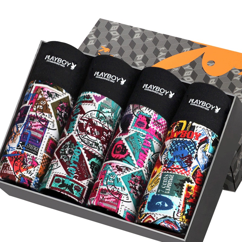 PLAYBOY花花公子男士内裤兰精粘胶邮票明根滴胶运动平角裤5595 4条礼盒装