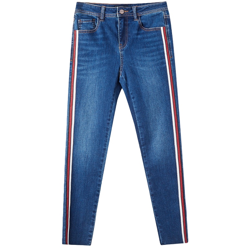 拉夏贝尔秋冬休闲韩版修身百搭撞色织带拼接裤子长款女牛仔裤