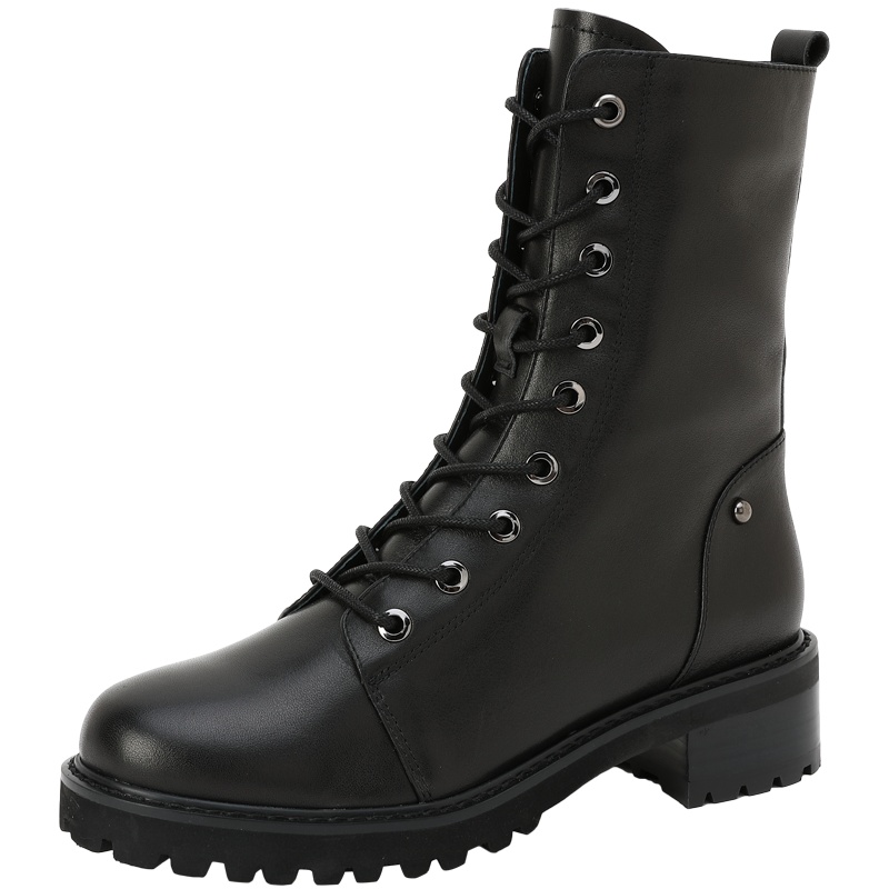 百田森马丁靴女英伦风冬季新款粗跟真牛皮铆钉短靴女加绒靴子