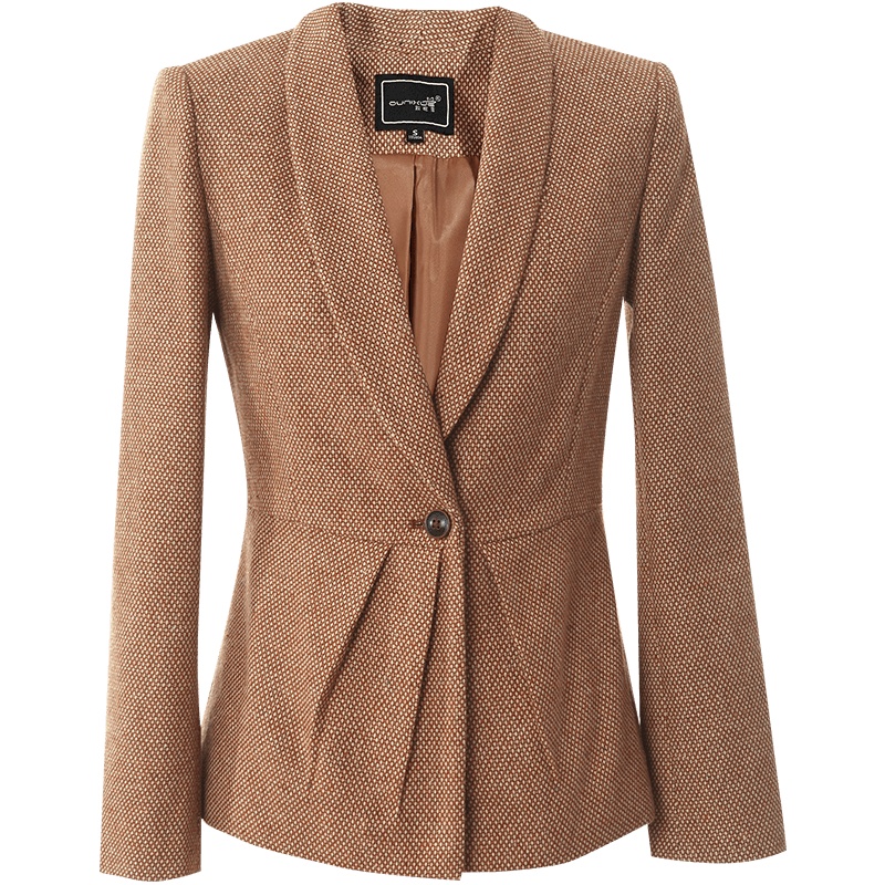 欧昵雪秋冬青果领褶皱修身毛呢西装外套女小西服呢子上衣