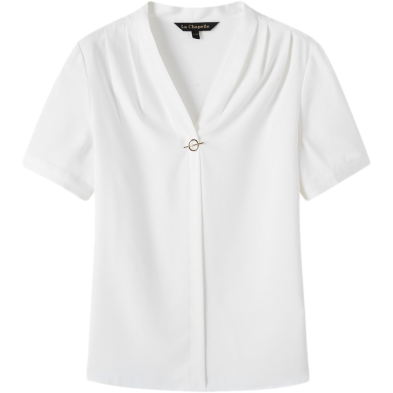 拉夏贝尔雪纺衫女潮气质v领洋气宽松短袖上衣
