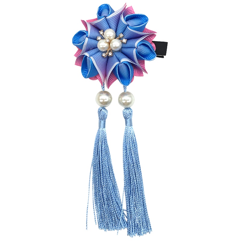 苏斯 中国风发饰复古唐装汉服花朵发夹头饰儿童饰品女童流苏蓝渐粉发夹