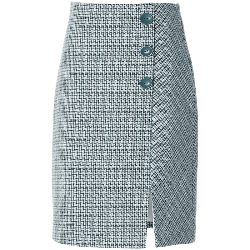 欧昵雪秋冬高腰修身开叉格纹毛呢半身裙女显瘦包臀一步裙