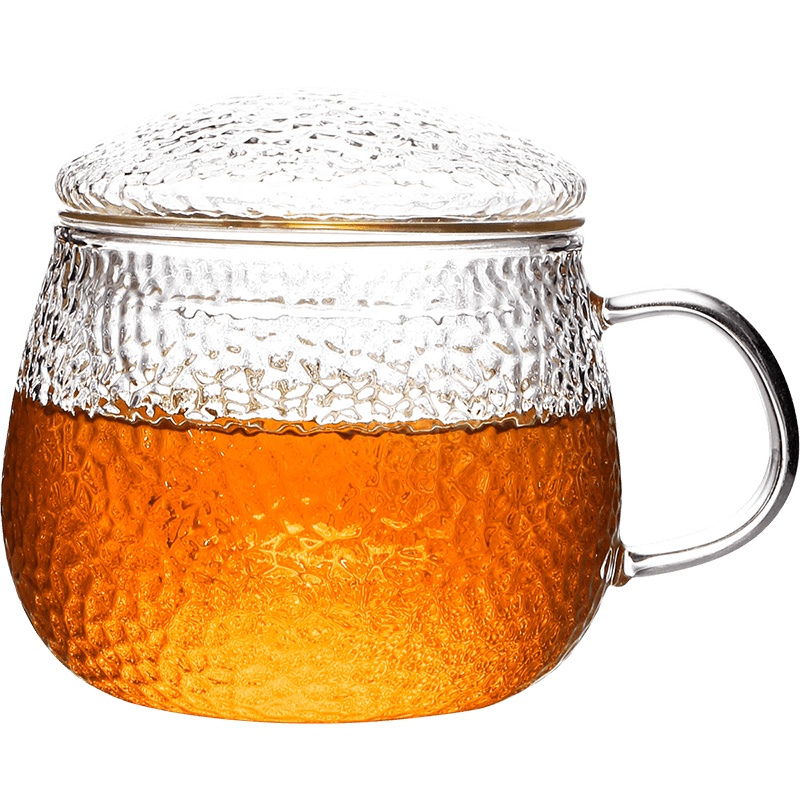 领艺耐热锤纹玻璃茶杯带把带盖茶水分离泡茶杯办公室家用个人杯 玻璃蘑菇杯