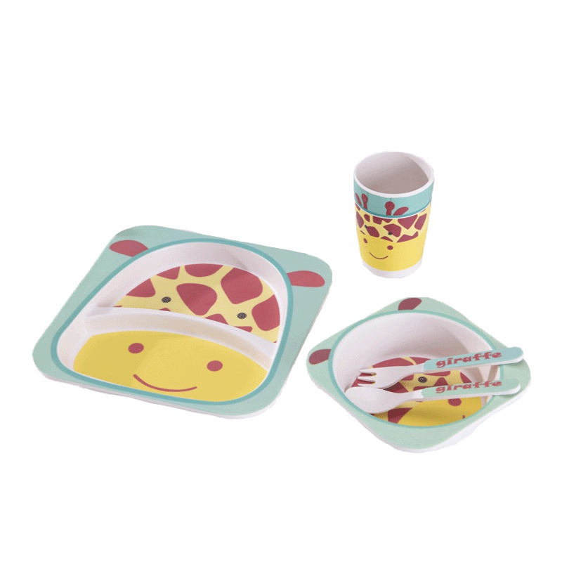 开优米kiuimi竹纤维儿童餐具分格餐盘婴儿卡通饭碗宝宝碗勺叉子杯5件套绿色小鹿