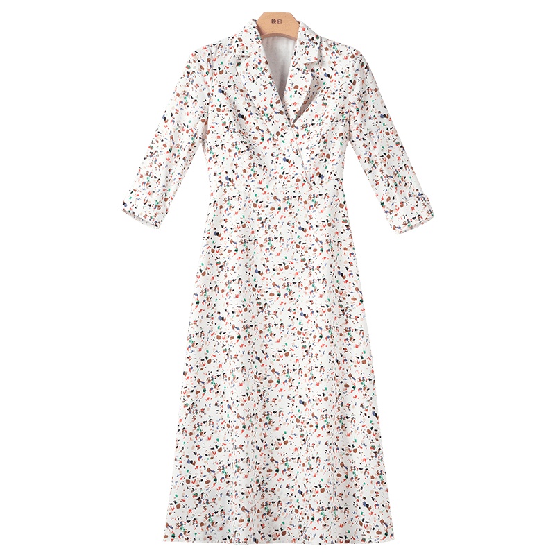 晚白2020秋季新品通勤简约碎花收腰中长款A字雪纺裙印花连衣裙女