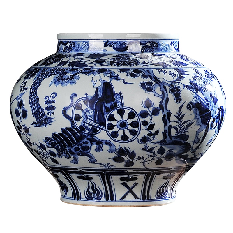 LICHEN 陶瓷花瓶摆件景德镇中式手绘仿古元青瓷器 元青花鬼谷子下山罐