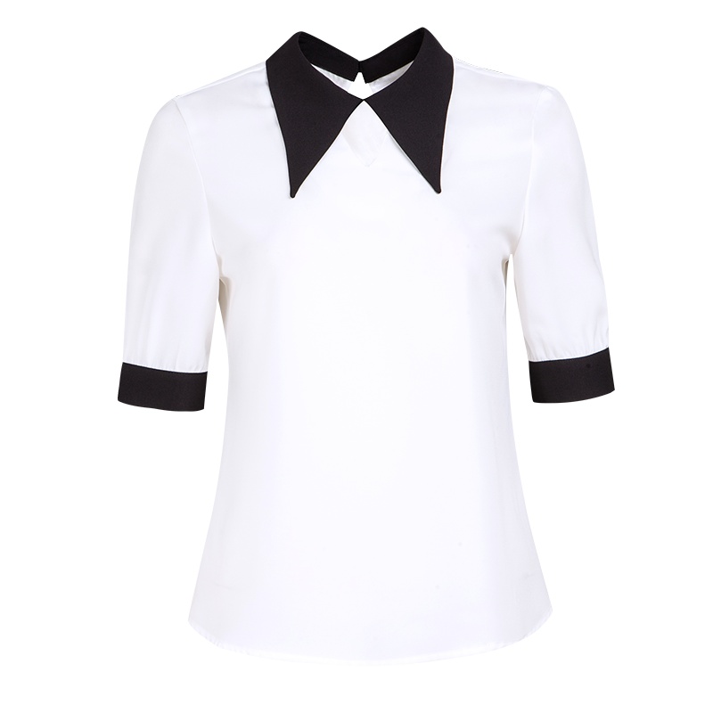 晚白 新品时尚休闲百搭直筒常规POLO领短袖上衣雪纺衫衬衫女