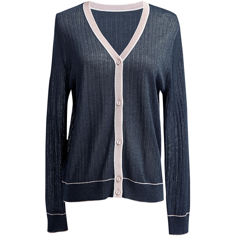 欧昵雪春夏季撞色坑条针织衫开衫女长袖空调衫外套薄