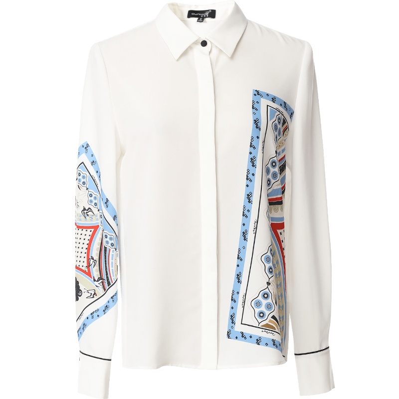 欧昵雪通勤趣味印花长袖白色衬衫女上衣宽松显瘦衬衣