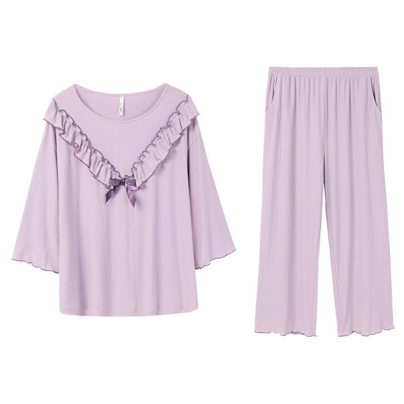 安之伴睡衣女纯色套头可外穿针织提条素色长袖女士家居服套装