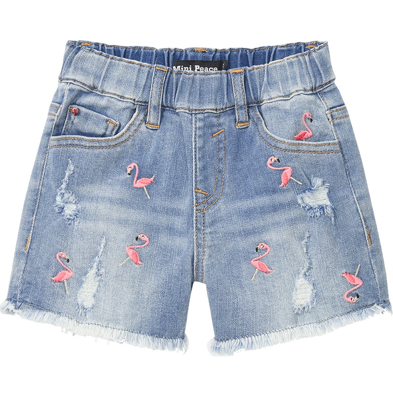 minipeace太平鸟童装 夏季新款女童火烈鸟刺绣毛边破洞牛仔短裤童