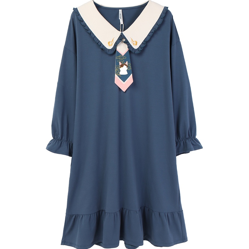 安之伴睡衣女裙娃娃领卡通领带可爱荷叶边中长裙棉质弹力针织素色长袖可外穿女裙 灰兰 S