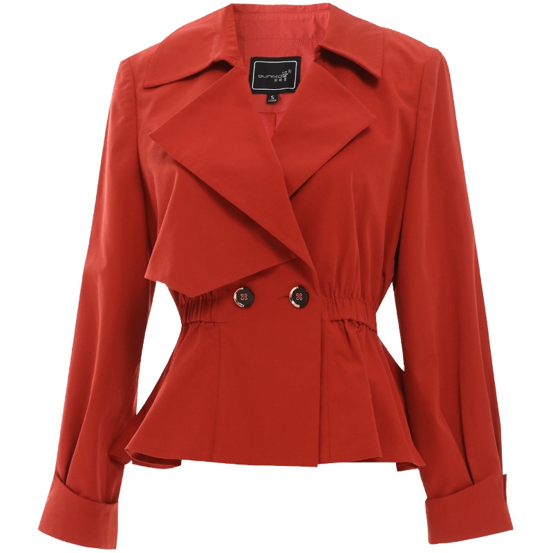 欧昵雪时尚气质西装领收腰荷叶边短款风衣外套女长袖