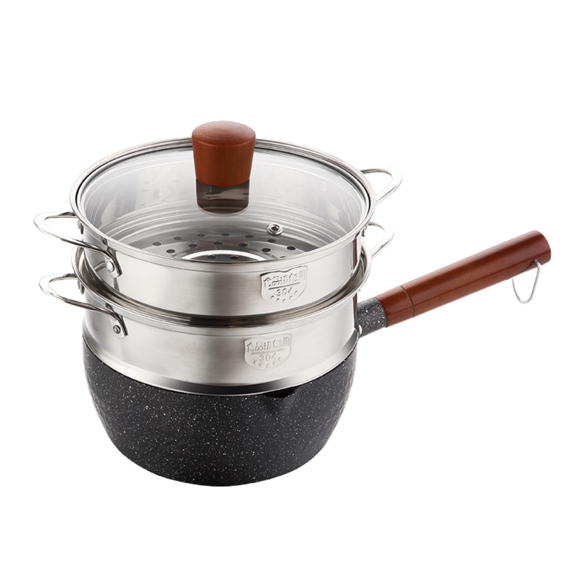 雪平锅奶锅不粘锅辅食锅麦饭石烘焙精灵小奶锅汤锅带蒸笼煮鸡蛋的小锅 16cm无花含盖