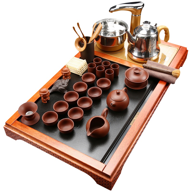 紫砂茶具套装带全自动电磁炉四合一茶具花梨木乌金石茶盘