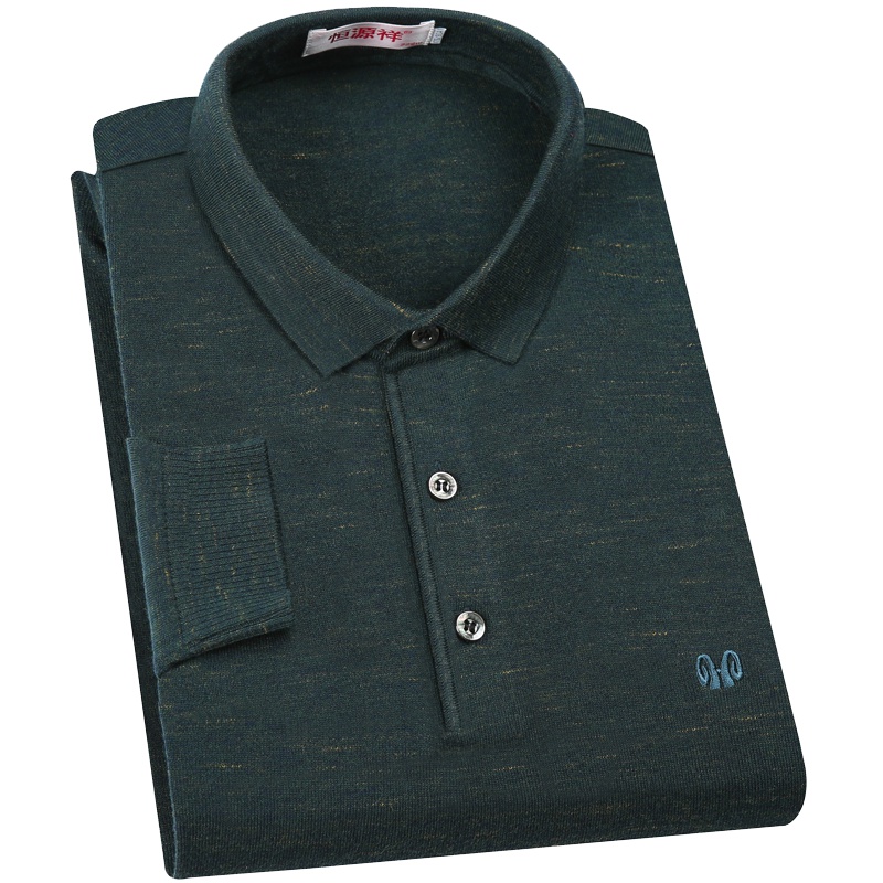 恒源祥男士长袖T恤秋冬款中年男士含羊毛纯色翻领套头T恤爸爸装